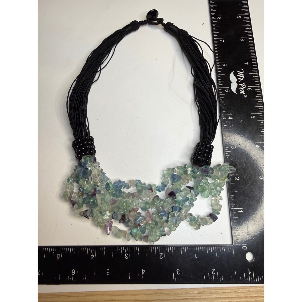 Fluorite Gemstone Chip Multi Strand Bib Statement Necklace Black Cord Button 18"